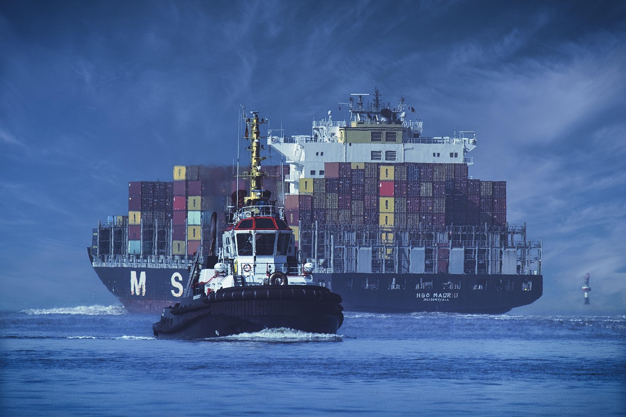 ship, container ship, tractor, sea, seafaring, nature, shipping, container, logistics, freight, automobile